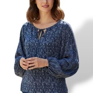 💙 Semi-Sheer Blue and White Career Wear Tie Neck Top by Aqua